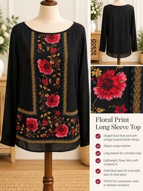 Covington Black Long Sleeve Top with Pink & Gold Floral Panel
